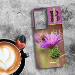 Bumble Bee Purple Thistle Flower Close-Up Photo Samsung Galaxy Case<br><div class="desc">A close-up photograph of a pollen laden busy bee head down in a purple Thistle flower fills the case back bottom. The top offers template initial letter monogram in black and name in a complementary green. Personalize the text, remove text or edit using the design tool to select a font...</div>
