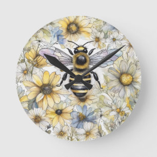 Bumble Bee spring floral painted. Round Clock