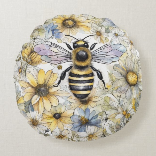 Bumble Bee spring floral painted. Round Pillow (Front)