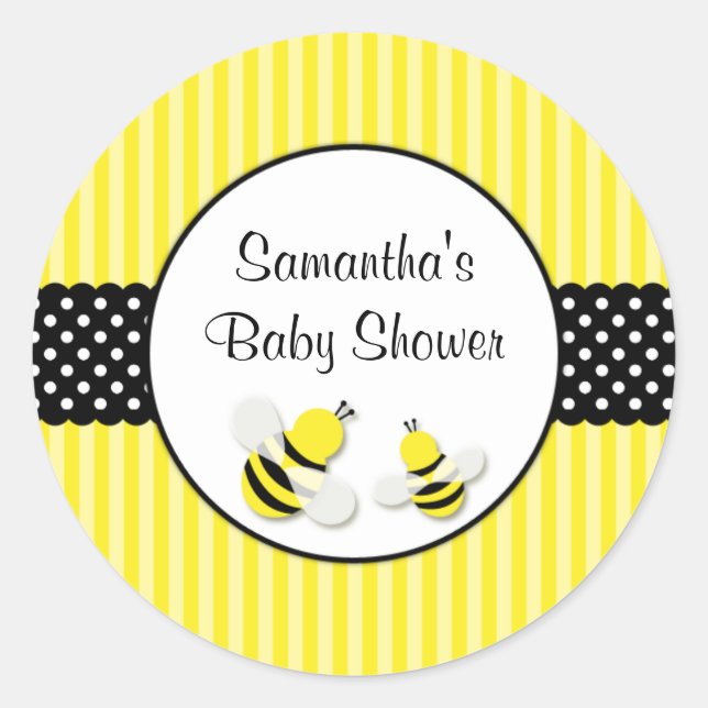Bumble Bee Striped Polka Dots Baby Shower Classic Round Sticker (Front)