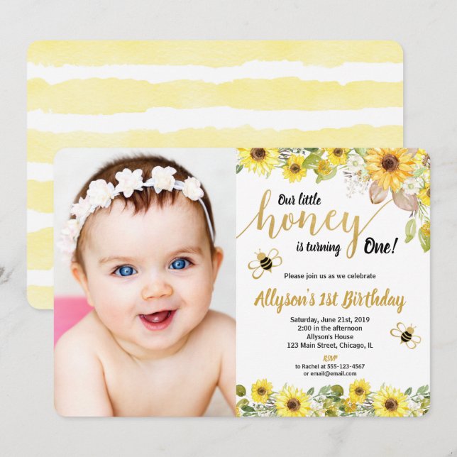 Bumble bee sunflowers birthday yellow photo invitation (Front/Back)