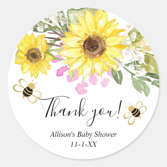 Bumble bee sunflowers pink yellow classic round sticker (Front)