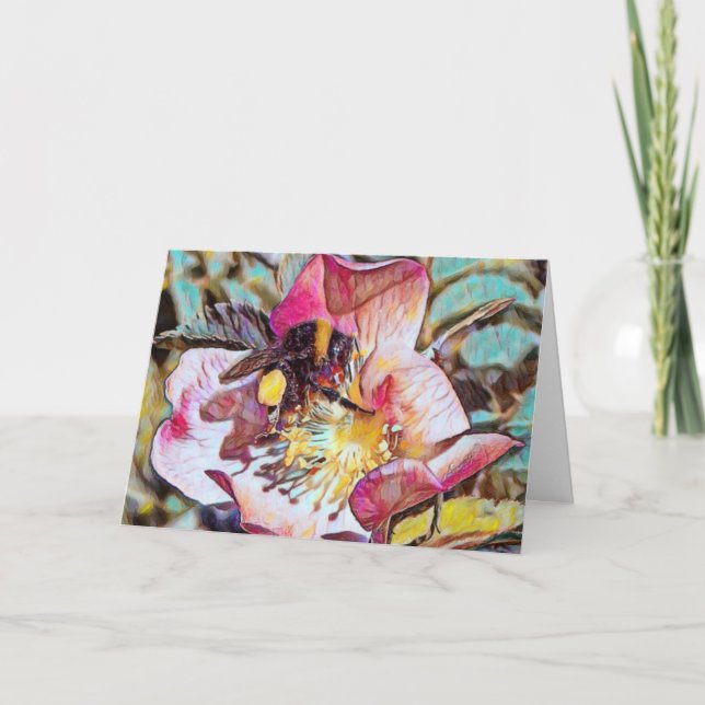 Bumble Bee Sur La Peinture À L'Huile Rose Carte An (Devant)