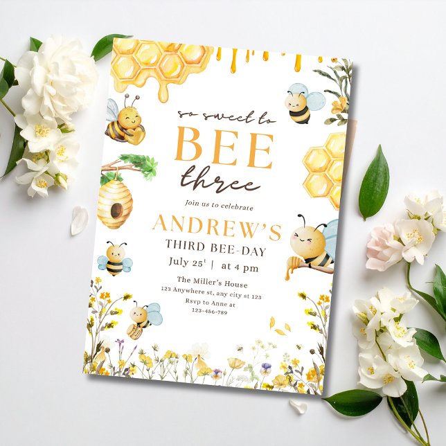 Bumble Bee Three Birthday Invitation Kids Party (Creator Uploaded)