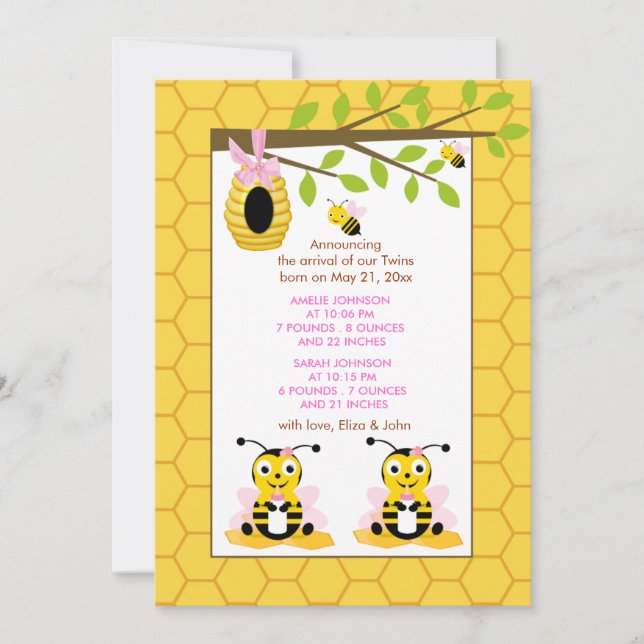 Bumble Bee Twins Girl Baby Faire-part de naissance (Devant)