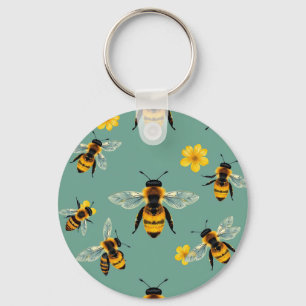 Bumble Bee Watercolor Realistic Honeycomb Keychain