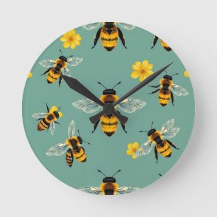 Bumble Bee Watercolor Realistic Honeycomb Round Clock