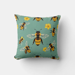 Bumble Bee Watercolor Realistic Honeycomb Throw Pillow