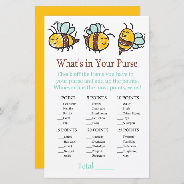 Bumble Bee What's in your purse game (Front/Back)