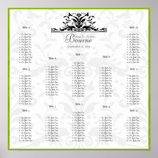 Bumble Bee Yellow Black Damask  Seating Chart (Front)