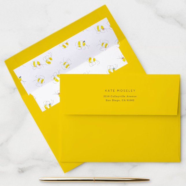 Bumble Bee Yellow Thank You Card Return Address Envelope (Bright yellow envelope with return address on back fold. Inside you'll find a darling bee liner.)