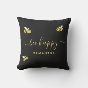 Bumble bees be happy black gold monogram outdoor pillow