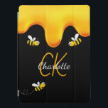 Bumble bees black honey dripping monogram iPad pro cover<br><div class="desc">A stylish black background and happy smiling bumble bees. Decorated with sweet,  golden honey dripping. Personalize and add your name and monogram initials,  golden and white letters.  The name is written with a hand lettered style script.</div>