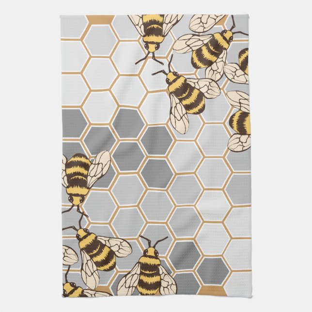 Bumble Bees Grey Honeycomb Kitchen Towel (Vertical)