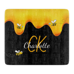 Bumble bees honey dripping black monogram cutting board