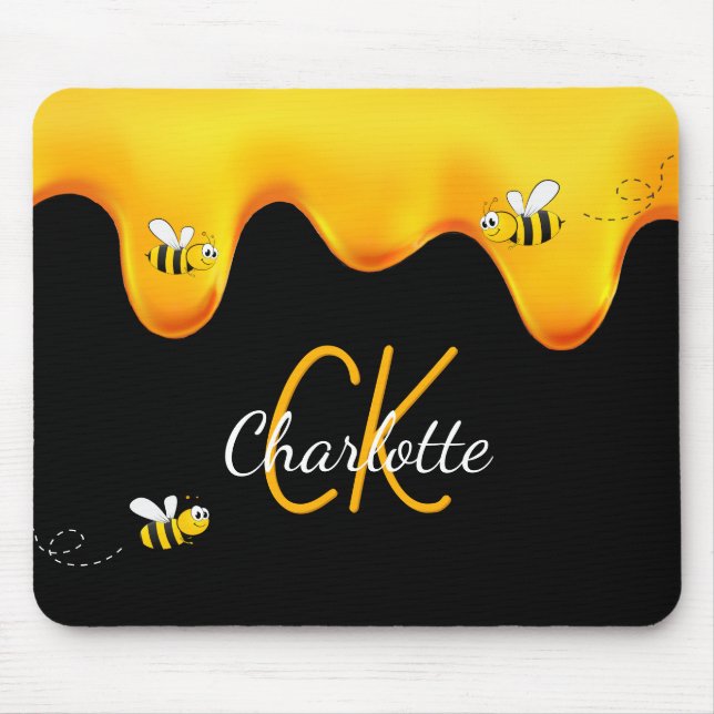 Bumble bees honey dripping black monogram mouse pad (Front)