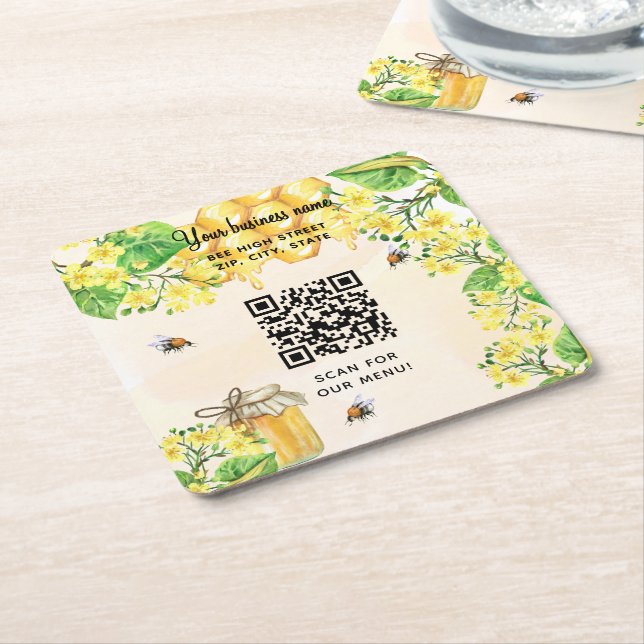 Bumble bees honey yellow floral business qr code square paper coaster (Angled)