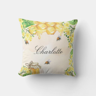 Bumble bees honey yellow floral name script outdoor pillow