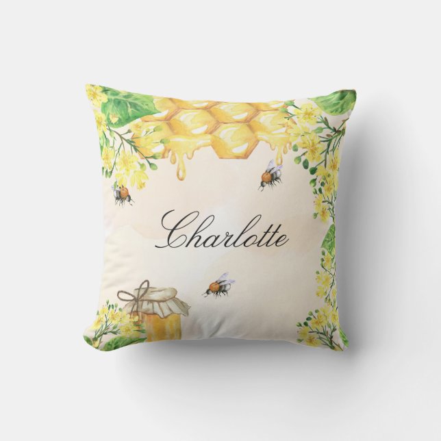 Bumble bees honey yellow floral name script outdoor pillow (Front)