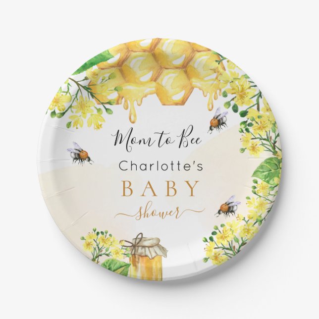 Bumble bees honey yellow florals Baby Shower  Paper Plate (Front)