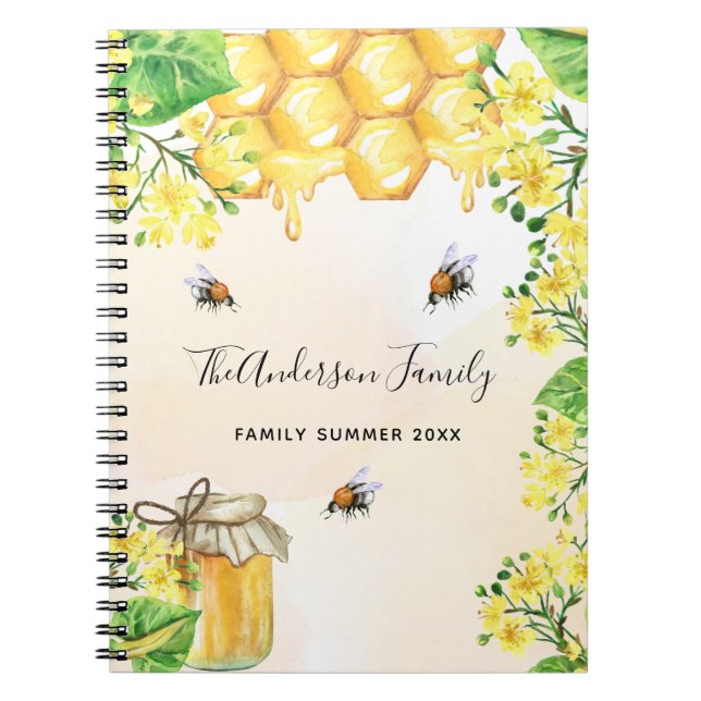 Bumble bees honey yellow florals family monogram notebook (Front)