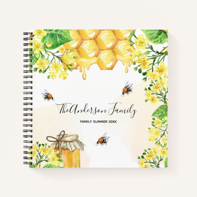 Bumble bees honey yellow florals family monogram  notebook (Front)