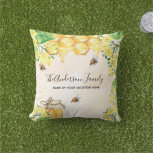 Bumble bees honey yellow florals family monogram outdoor pillow