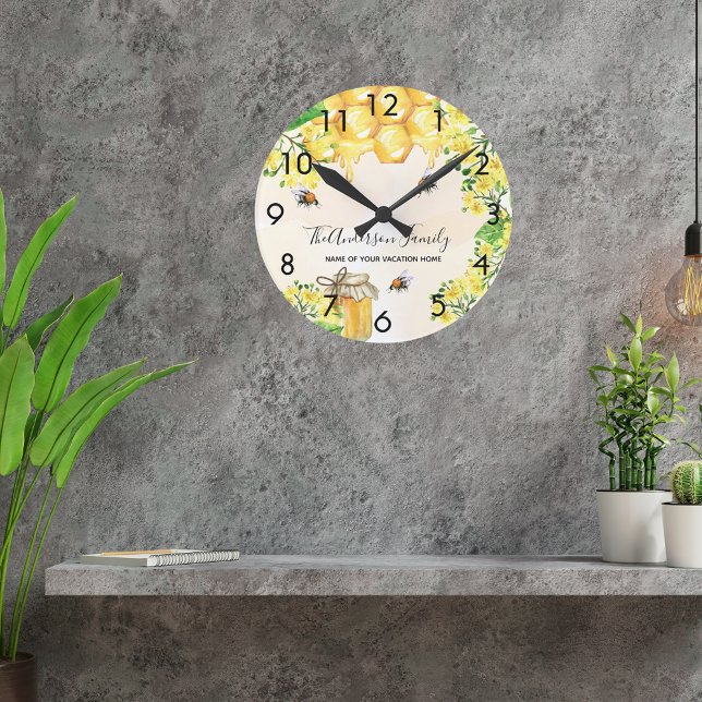 Bumble bees honey yellow florals family monogram  round clock (Creator Uploaded)
