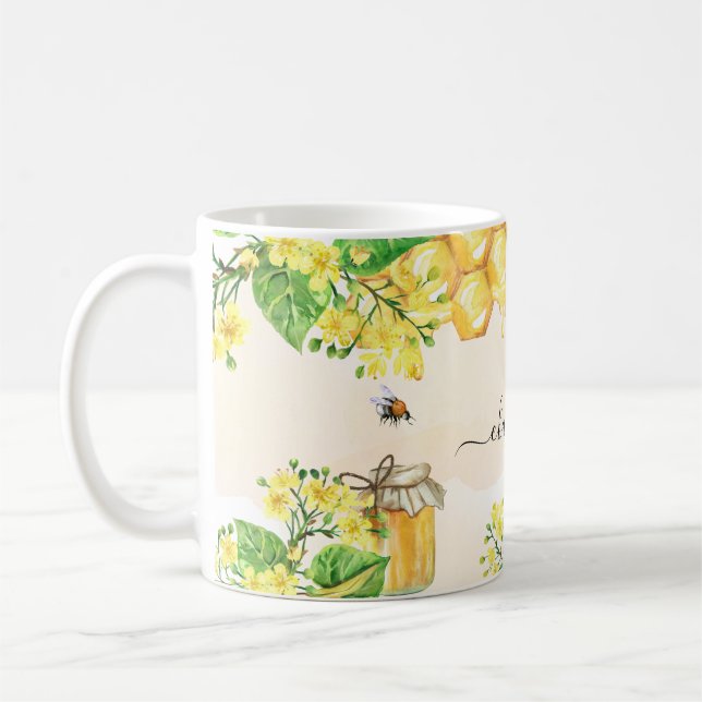 Bumble bees honey yellow florals name script coffee mug (Left)