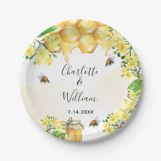 Bumble bees honey yellow florals wedding paper plate (Front)