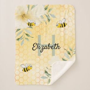 Bumble bees honeycomb florals tropical monogram sherpa blanket