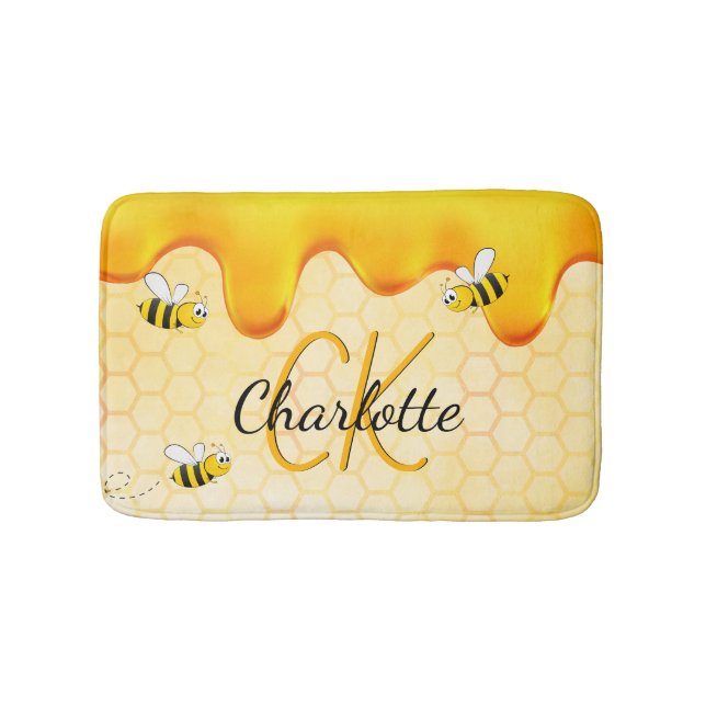 Bumble bees honeycomb honey dripping monogram bath mat (Front)
