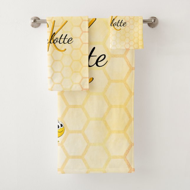 Bumble bees honeycomb honey dripping monogram bath towel set (Insitu)