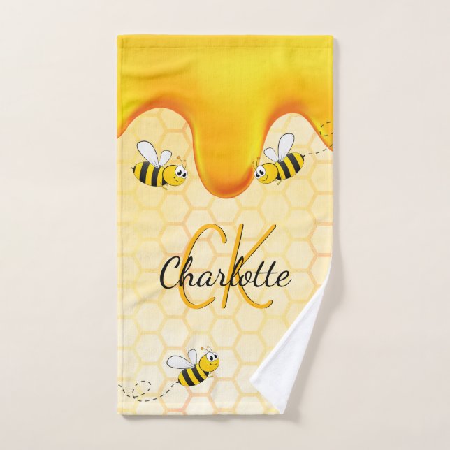 Bumble bees honeycomb honey dripping monogram hand towel (Hand Towel)