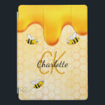 Bumble bees honeycomb honey dripping monogram iPad pro cover<br><div class="desc">Yellow,  white background with a bee honeycomb pattern and happy smiling bumble bees. Decorated with sweet,  golden honey dripping. Personalize and add your name and monogram initials,  golden and black letters.  The name is written with a hand lettered style script.</div>