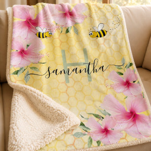 Bumble bees pink florals yellow honeycomb monogram sherpa blanket