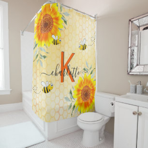 Bumble bees sunflowers yellow honeycomb monogram