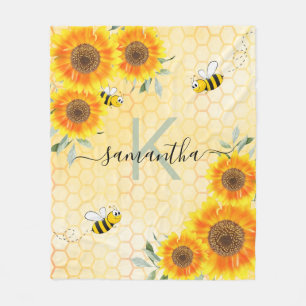 Bumble bees sunflowers yellow honeycomb monogram fleece blanket