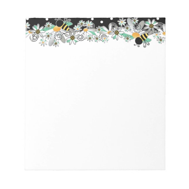 Bumble Bees White Daisies and Black Polka Dots Notepad (Front)