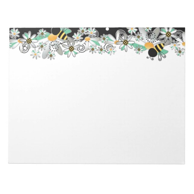 Bumble Bees White Daisies and Black Polka Dots Notepad (Front)