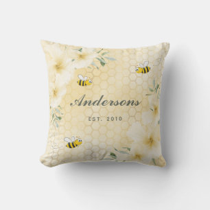 Bumble bees yellow honeycomb floral monogram outdoor pillow