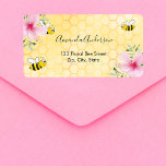 Bumble bees yellow honeycomb floral return address label<br><div class="desc">A yellow honeycomb pattern as background.  Decorated with cute happy,  smiling bumble bees and  pink florals and greenery.  Personalize and add your name and address.</div>