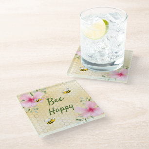 Bumble bees yellow honeycomb pink florals glass coaster