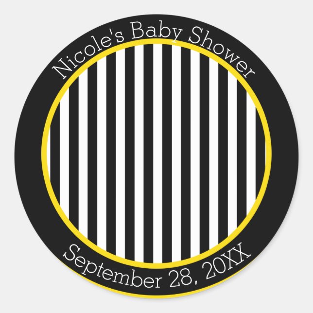 Bumble Black White Yellow Bee Theme Baby Shower Classic Round Sticker (Front)
