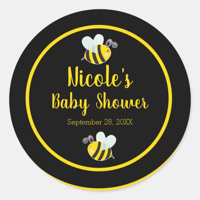 Bumble Black & Yellow Bee Theme Baby Shower Classic Round Sticker (Front)