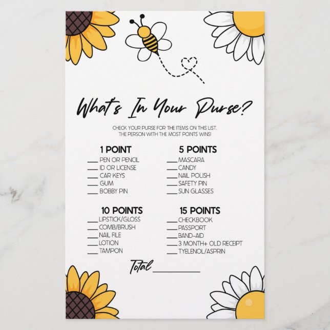 Bumble Honey Bee What's In Purse Baby Shower Game Stationery (Front)