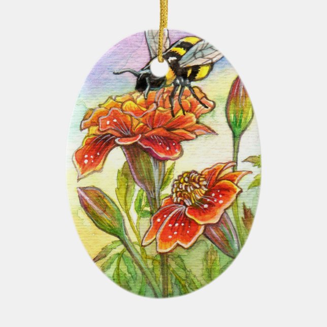 Bumblebee And Marigold, Iris Ceramic Ornament (Front)