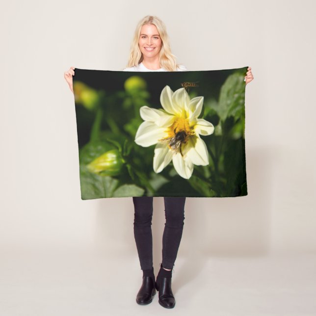 Bumblebee and white dahlia photo fleece blanket (In Situ)