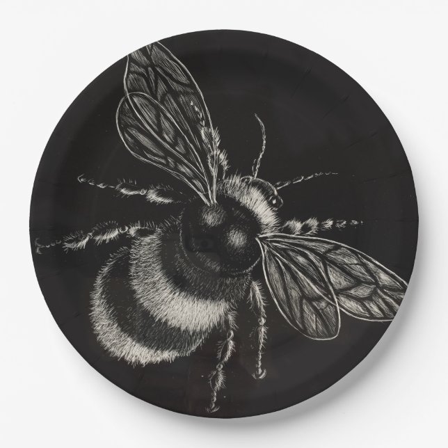 Bumblebee Black and white Motif Flits Across Paper Plate (Front)