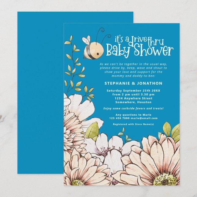 Bumblebee Florals Blue Drive Thru Baby Shower Invitation (Front/Back)